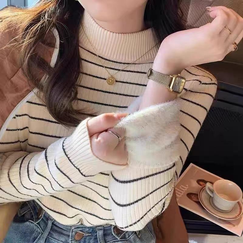 Semi-turtleneck striped color matching integrated fleece plush thick sweater for women's autumn and winter new bottoming knitted sweater for women