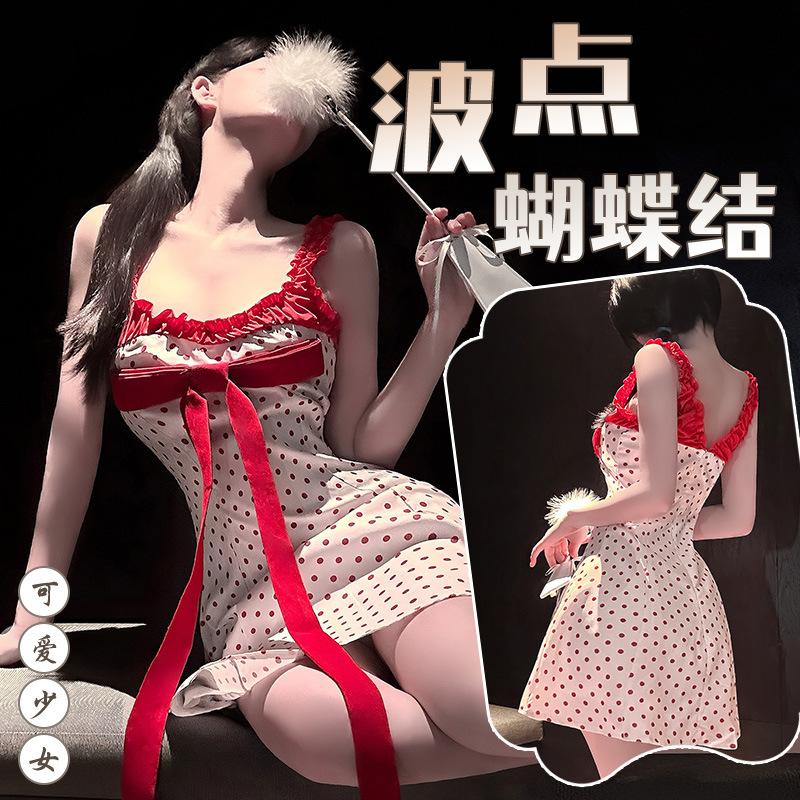 Sexy Lingerie Sexy Sweet Wind Sweet Greasy Cherry First Love Pure Desire Suspender Nightdress Bow Polka Dot