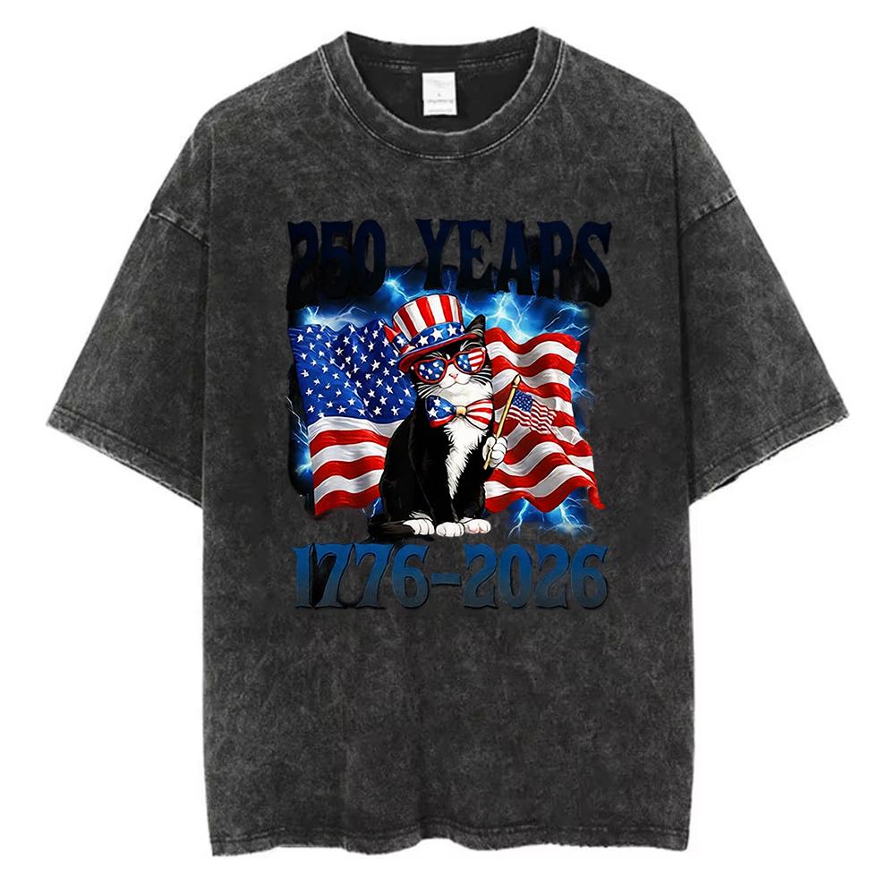 Retro Yk Patriotic USA T Shirt We The People Years Print Loose Fit Cotton Vintage Washed Black Tops for Streetwear Lovers S