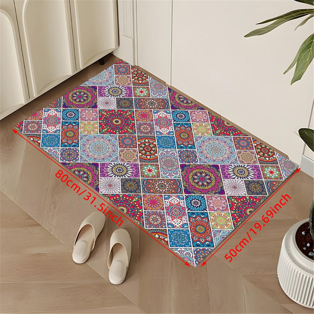 1 Pc 1cm Thickened Ethnic Geometry Splicing Door Mat Soft Flannel Entrance Door Mat for Home Decor Anti-Slip Carpet Absorb Water Kitchen Bath Mat