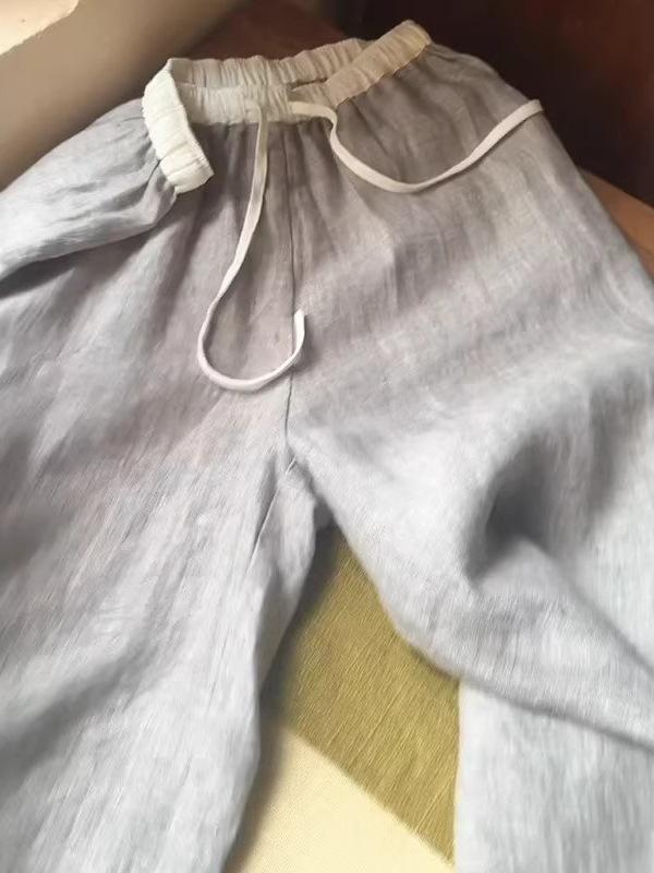 CHAOS Level Recommendation: High-End Gray Linen Wide-Leg Pants with Elastic Waist and Drawstring Design