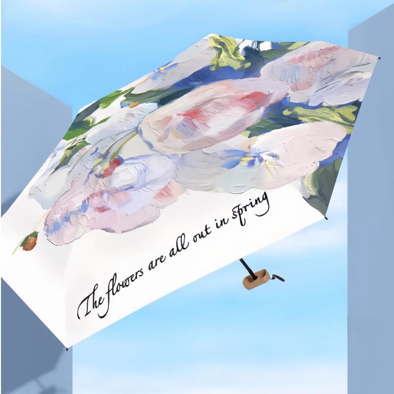 Compact Chinese-Style Oil Painting Umbrella: Portable, Manual Open, UV Protection for Sun & Rain