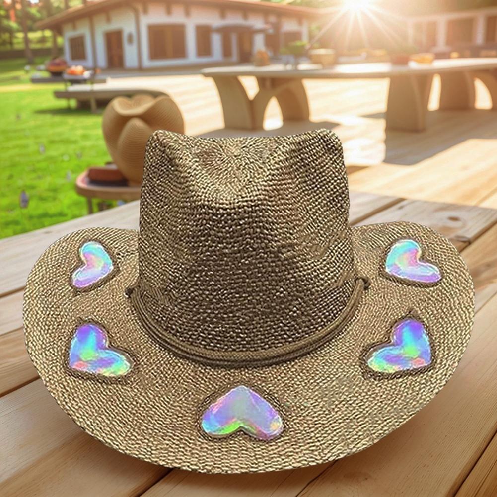 

Suncatcher Cowgirl Straw Prism Hat Handwoven Straw Cap Cowboy Hat Wide Shapeable Brim Rainbow Hat Summer Beach Sun Hat for Women