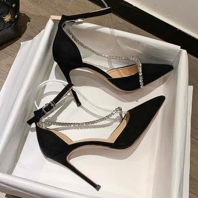 Black High Heels Women's 2024 New Thin Heel Hollow Pointed Single Shoes Sexy Bag Head One-word Buckle Rhinestone Sandals