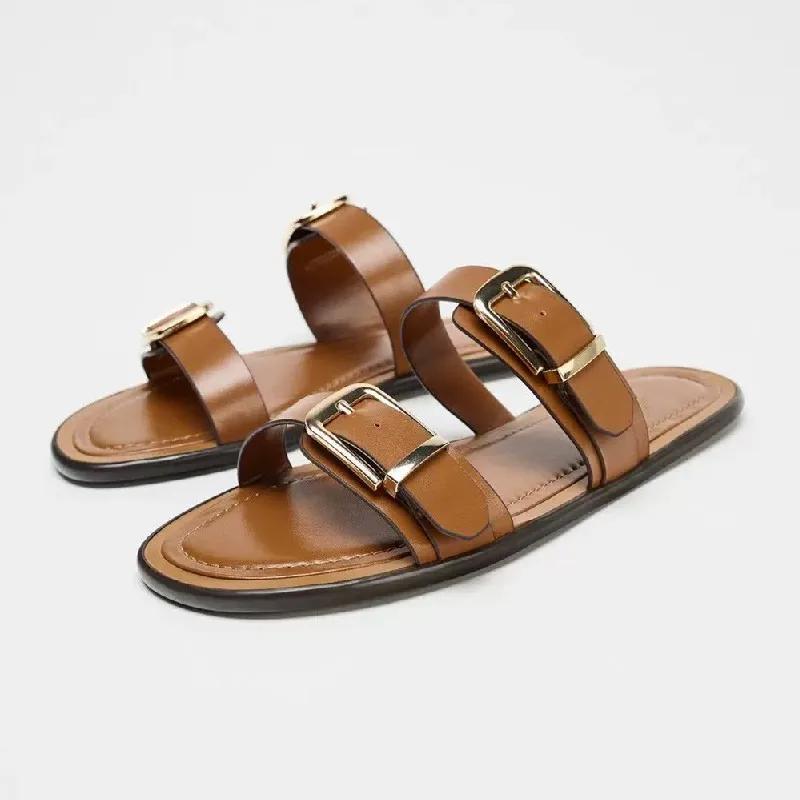 Fashion Fashion Round Toe Roman Buckle Flat Slippers Women Comfort Casual Flip Flops Summer Lightweight Outdoor Beach Sandalias De Mujer