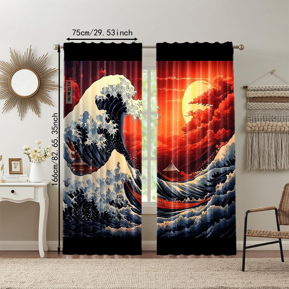 Set Of 2 Versatile Polyester Transparent Curtains Home Decoration Sunset Ocean Waves Japanese Art Use Bedrooms Made Bedroom Decor Window Treatment