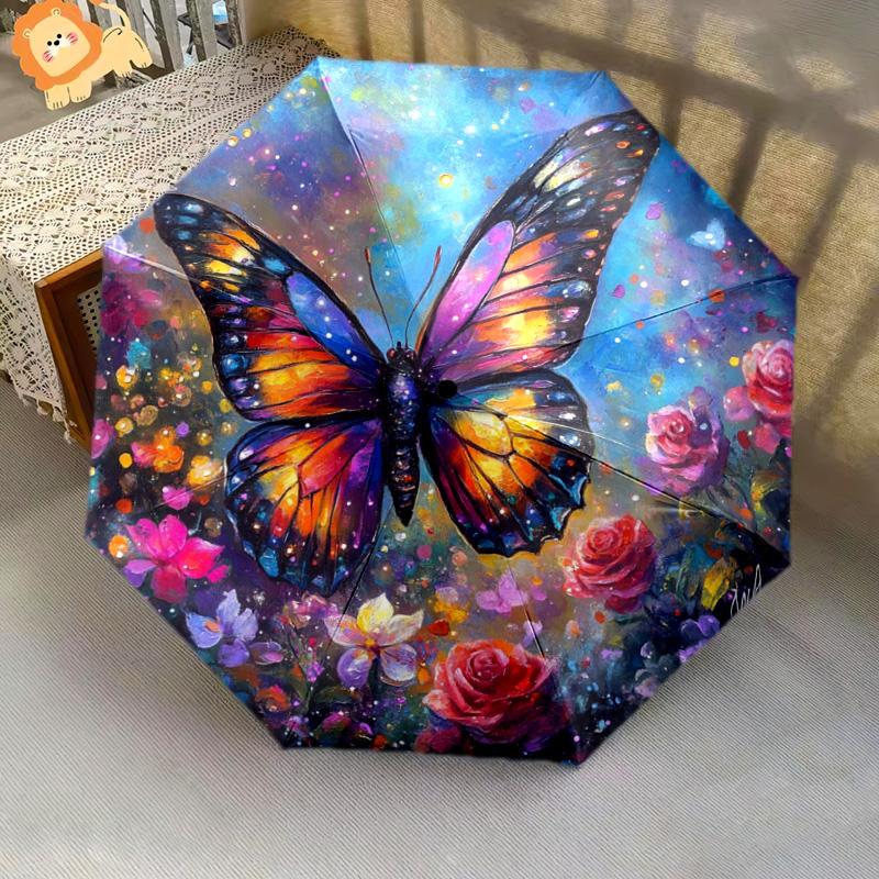 1 PC Automatic Folding Umbrella - Butterfly Garden Pattern, Portable & Foldable Design with 8 Ribs, Christmas Birthday Gifts