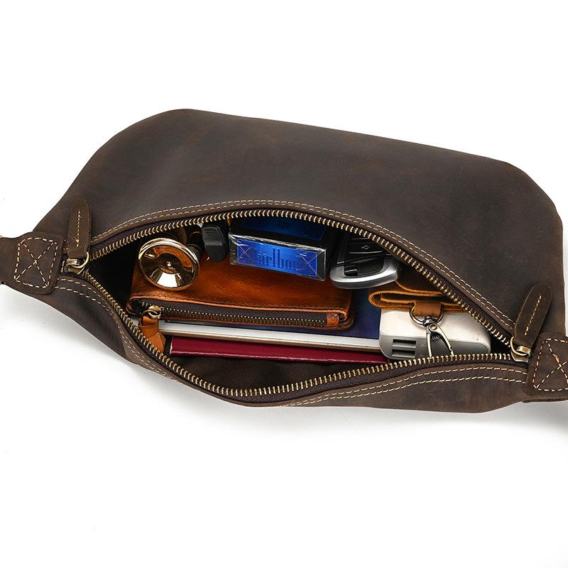 Leather Fanny Pack Men'S And Women'S Leather Retro Crazy Horse Leather Messenger Bag Large Capacity Sports And Leisure Breast Bag