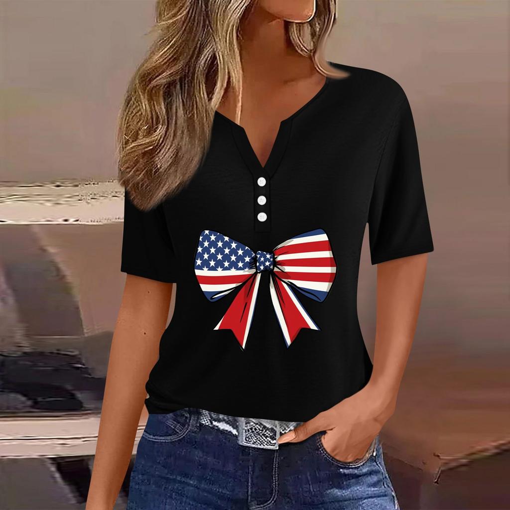 Women's T Shirt Tee Independence Day Print Button Short Sleeve Daily Weekend Fashion Basic V-Neck Regular Top