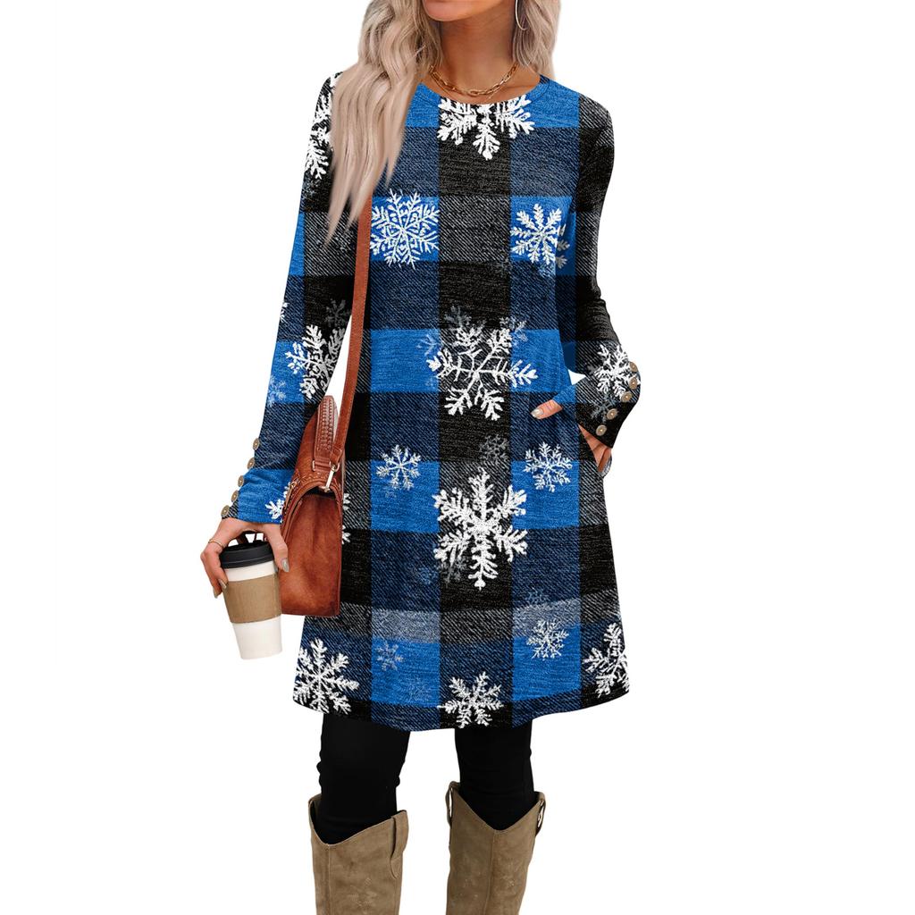 Damenmode Freizeitkleid mit Taschen, dekorativen Knöpfen, Rundhalsausschnitt und langen Ärmeln