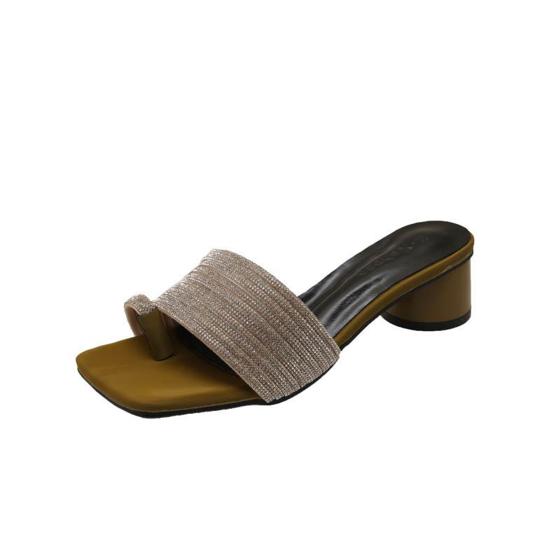 Square head retro summer 2025 rhinestone temperament one-word slippers women's sandals casual versatile new simple