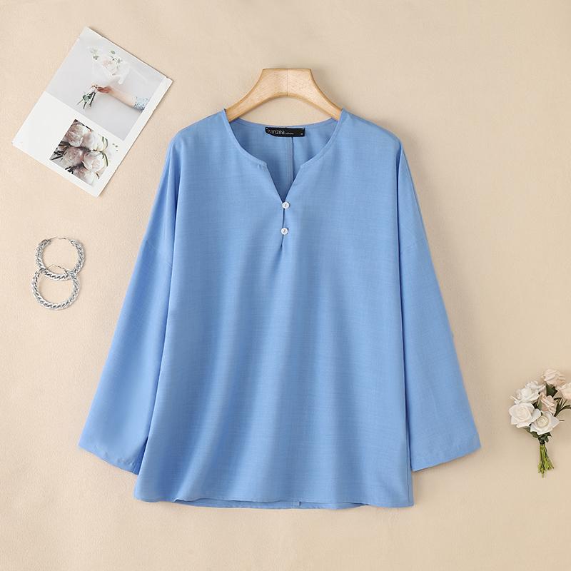 ZANZEA Moteriški laisvalaikio V formos iškirptės vienspalviai 3/4 rankovių marškiniai