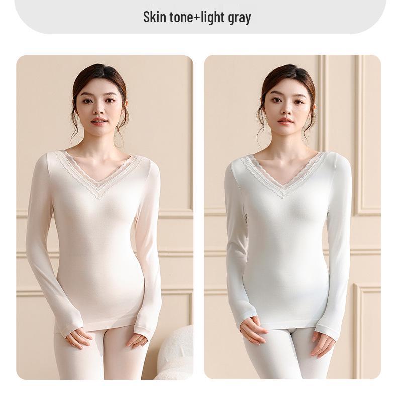 Women's Lace V-Neck Thermal Underwear Set - Slimming, Shaping, Heat-Generating Cotton