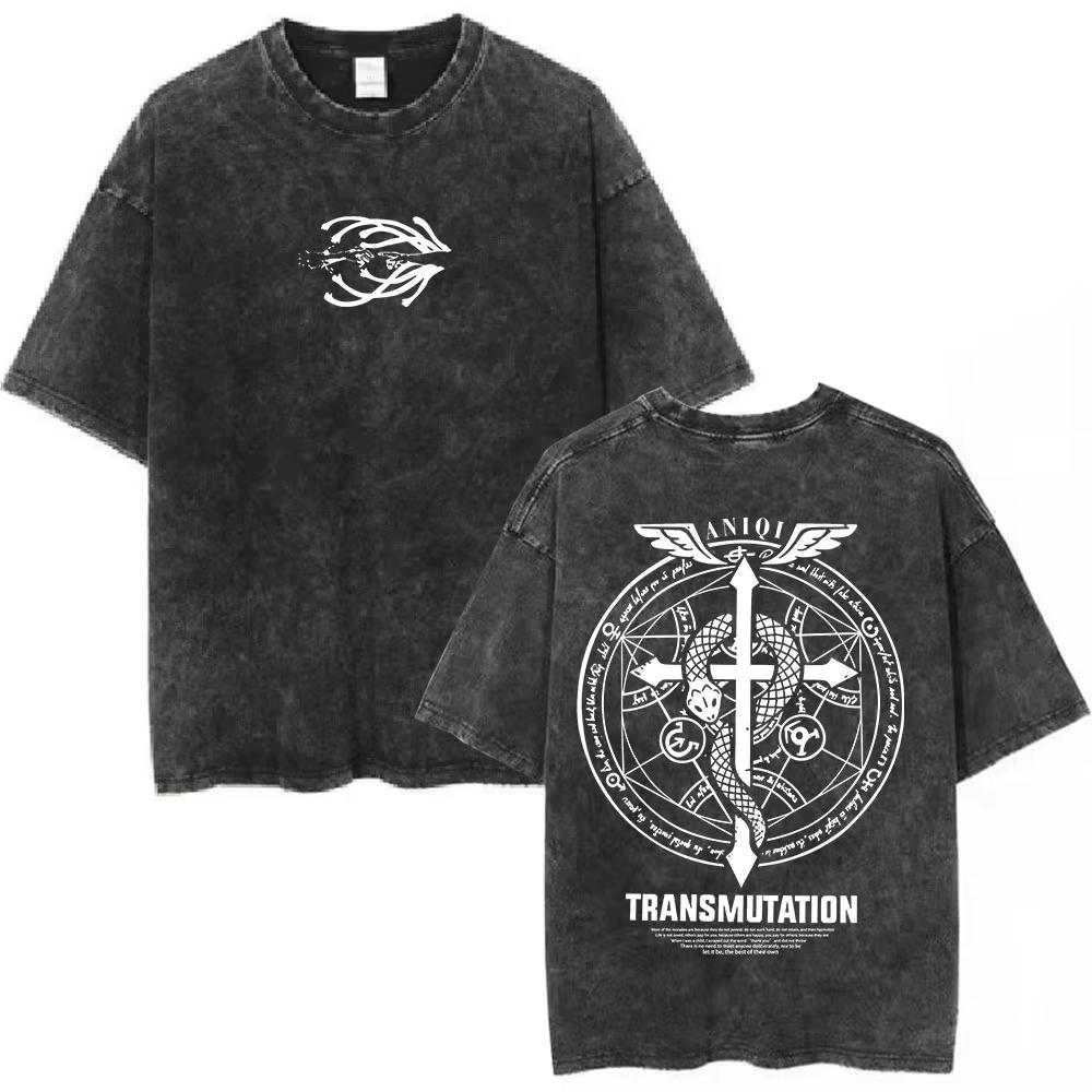 Anime Fullmetal Alchemist Graphic T‑Shirt Men Women Casual Oversized Vintage Washed Cotton Short Sleeve Streetwear Tee Tops