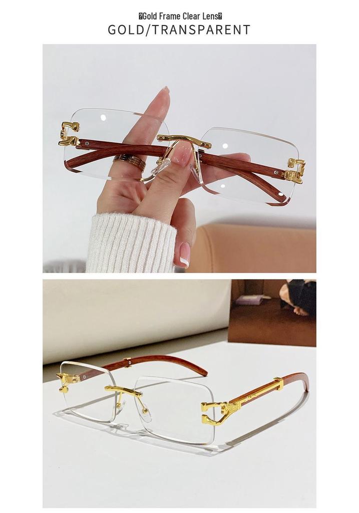 2026 Frameless Faux Wood Grain Leopard Head Men's Square Sunglasses with Leopard Temple.