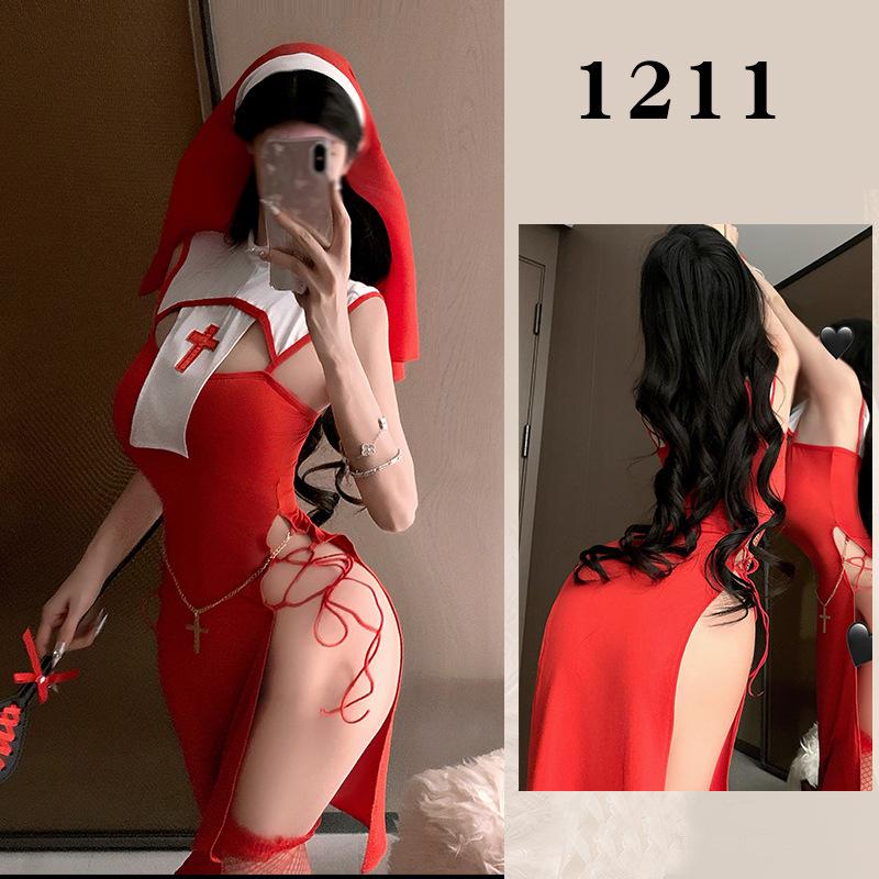 Sexy Summer High Slit Cheongsam Nun Dress Role-playing Uniform Dress Elegant Tank Mini Dress Sweet SM Exotic Women Dress 3XPC