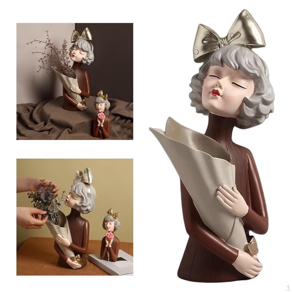 Resin Modern Girl Figurine Table Desk People Dried Flower Vase Home Decor Vivid Ornaments for