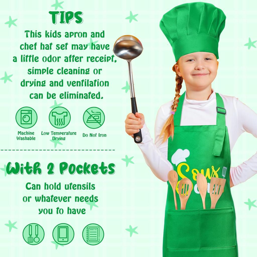 Kid Apron and Chef Hat Set - R HORSE 2Pcs Adjustable Children Green Kitchen Apron, Dress up Role Play Chef Toy Cooking Baking Painting and Training