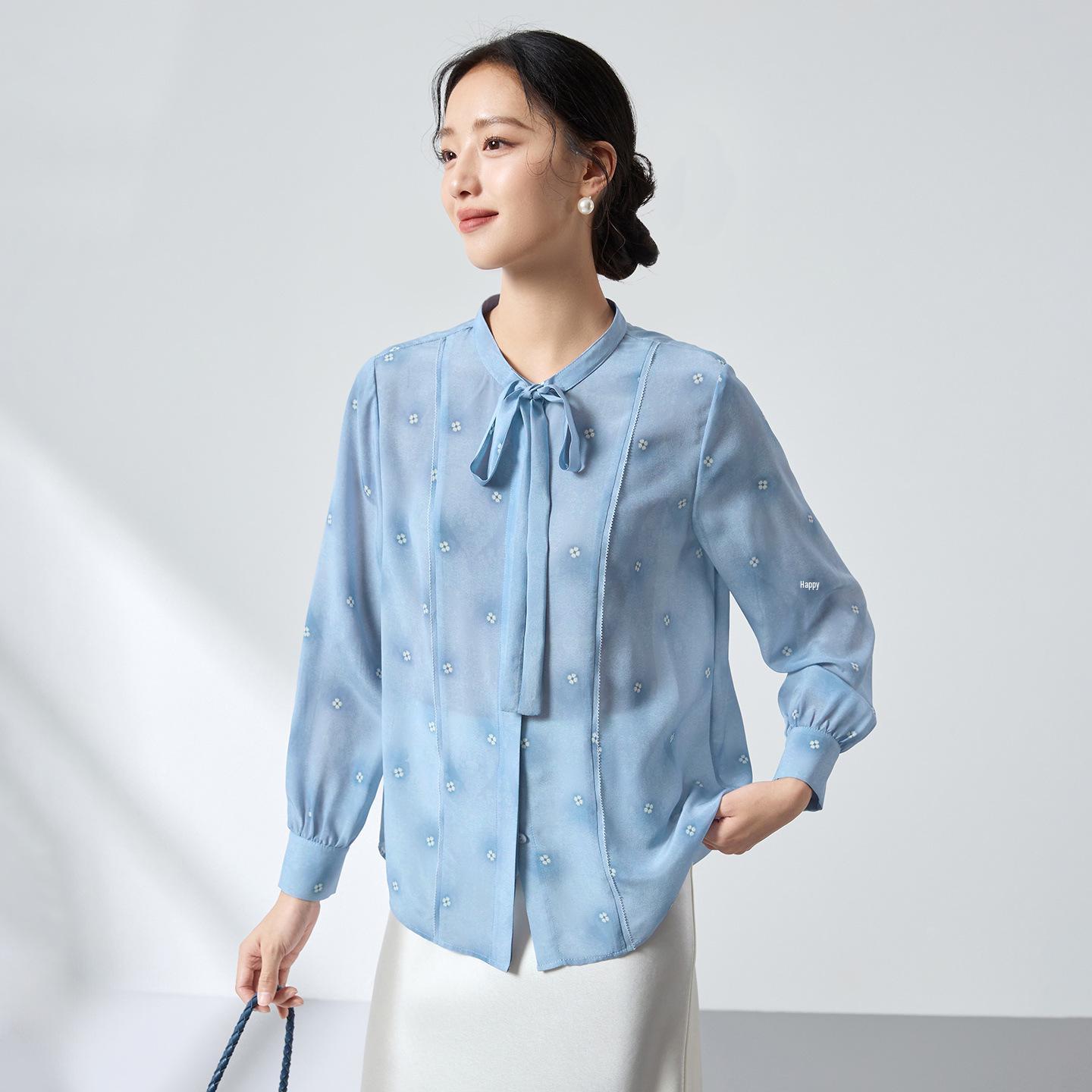 Ink Wash Mulberry Silk Floral Embroidery Shirt – Breathable, Skin-Friendly Top with Stand Collar M синий