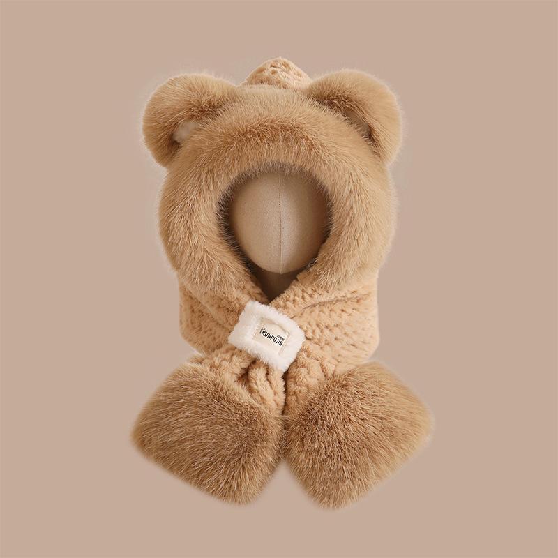 

Cute Bear Color blocking Plush Hat Scarf Gloves Integrated for Women Plus Velvet Thickened Bicycle Ear Protection and Warmth Lei Feng Hat