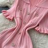 Summer Autumn Pink Button-Down Short Sleeve Short Knit Dress for Women Elegant Turn Down Collar Single-breasted Ruffles Slim Sweater Dresses