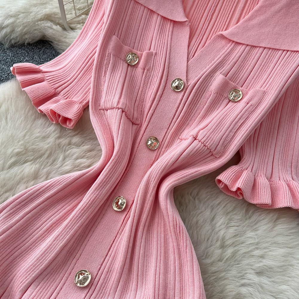 Summer Autumn Pink Button-Down Short Sleeve Short Knit Dress for Women Elegant Turn Down Collar Single-breasted Ruffles Slim Sweater Dresses