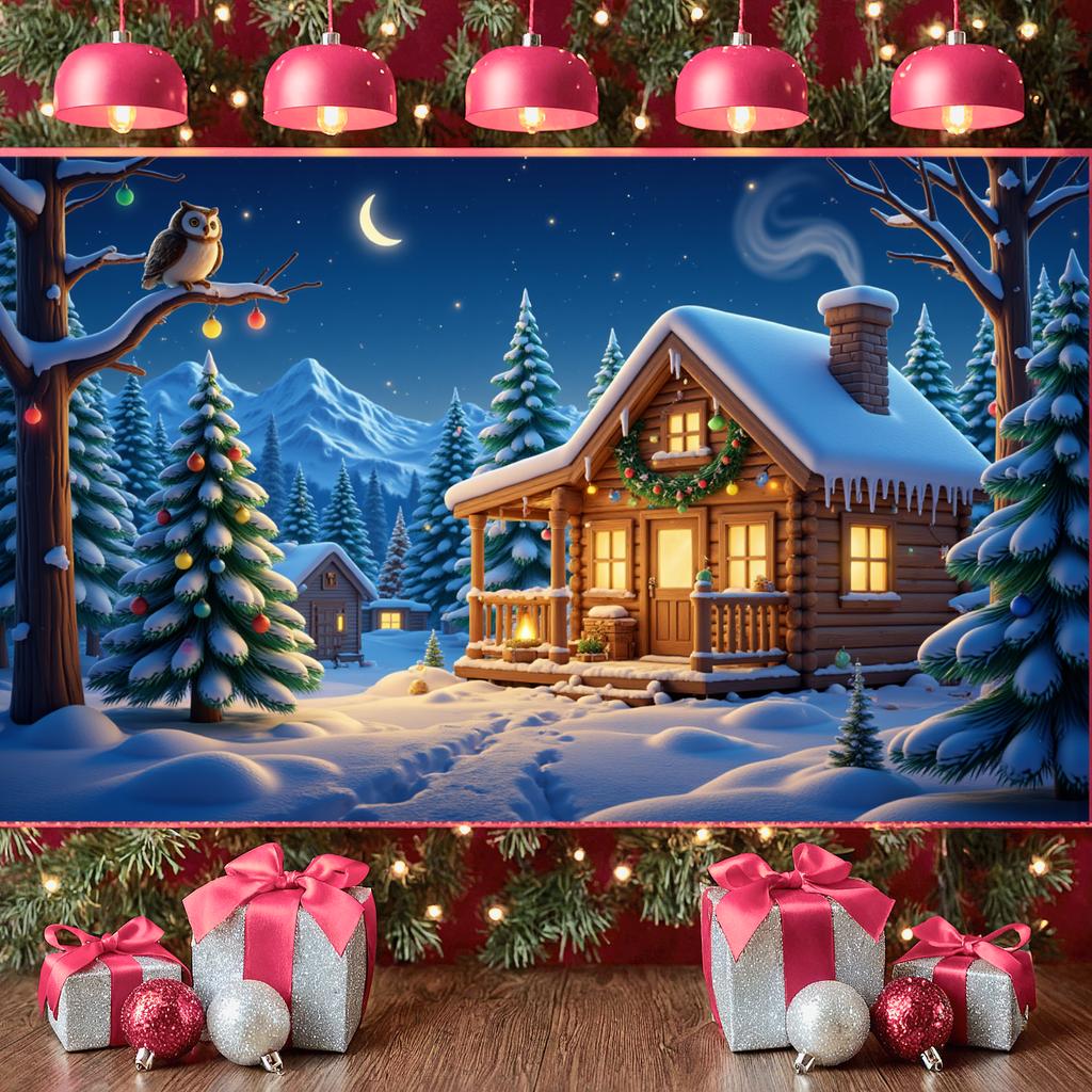 Christmas Banner Colorful Lights Xmas Banner Night Backdrop Wooden Cabin Holiday Background For New Year Decor Christmas Indoor