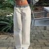 ROADVIBE Women's Contrast Waistband White Wide Leg Jeans Low Rise Baggy Denim Pants Loose Fit Trousers Lady Date Commuter Casual Clothes