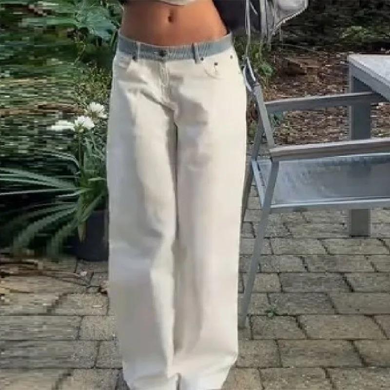 ROADVIBE Women's Contrast Waistband White Wide Leg Jeans Low Rise Baggy Denim Pants Loose Fit Trousers Lady Date Commuter Casual Clothes