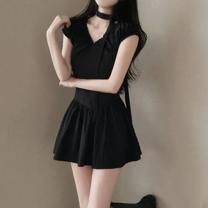 

Summer 2026 Korean Chic V-neck Waist-cinching Halter Dress for Women One Size чорний