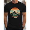 Men's Summer 100 Cotton Fashionable Sports Casual Loose Retro Snow Mountain Sunset Printed Round Neck Short Sleeved T-shirt Top