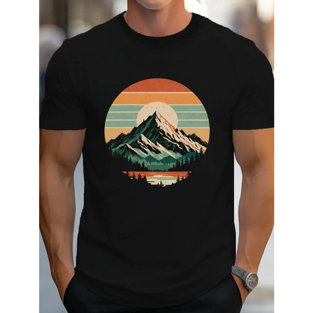 Men's Summer 100 Cotton Fashionable Sports Casual Loose Retro Snow Mountain Sunset Printed Round Neck Short Sleeved T-shirt Top