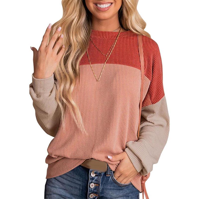 Women Fashion Color Block Long Sleeve O-neck Knitted Ribbed Casual Loose Pullovers