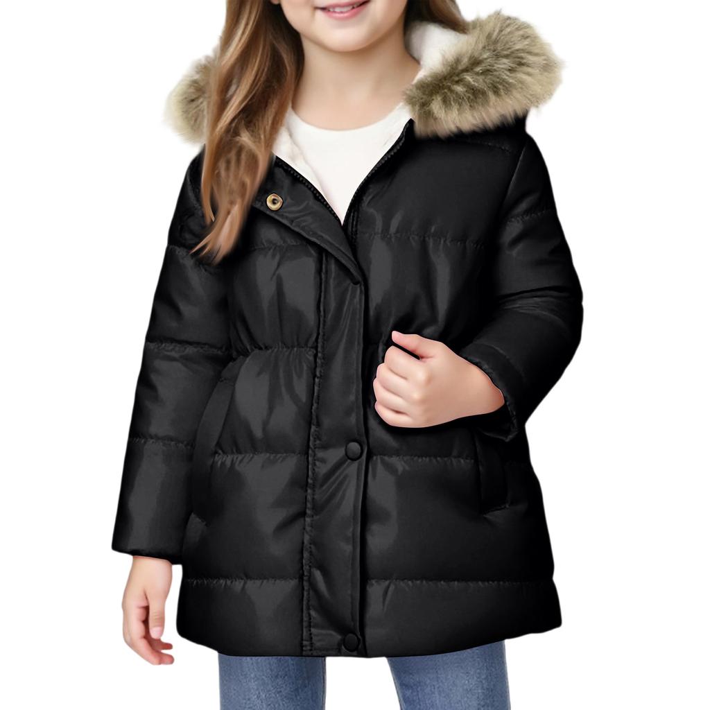 Girls' Solid Color Long Hooded With Faux  Trim - Winter Warm Coat
