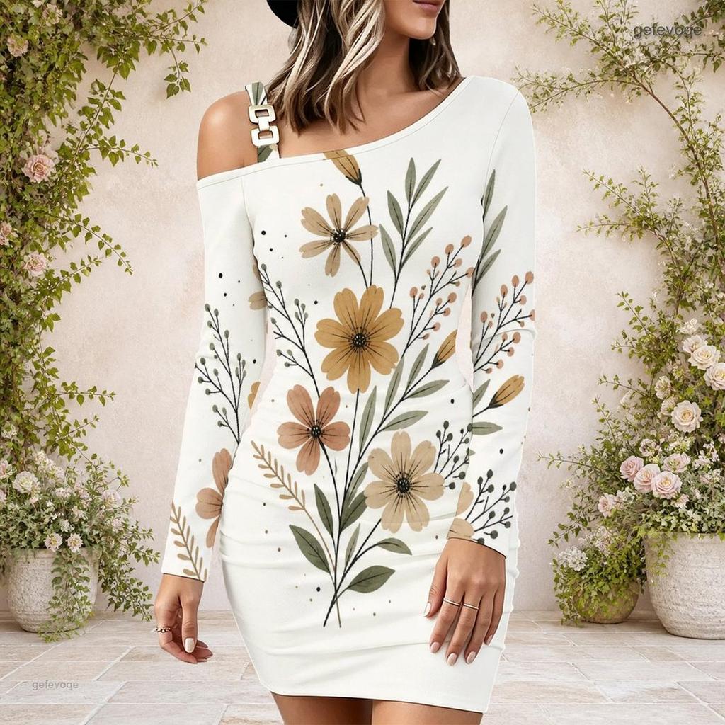 Plus Size Ladies Slanted Off Shoulder Long Sleeve A Line Dress