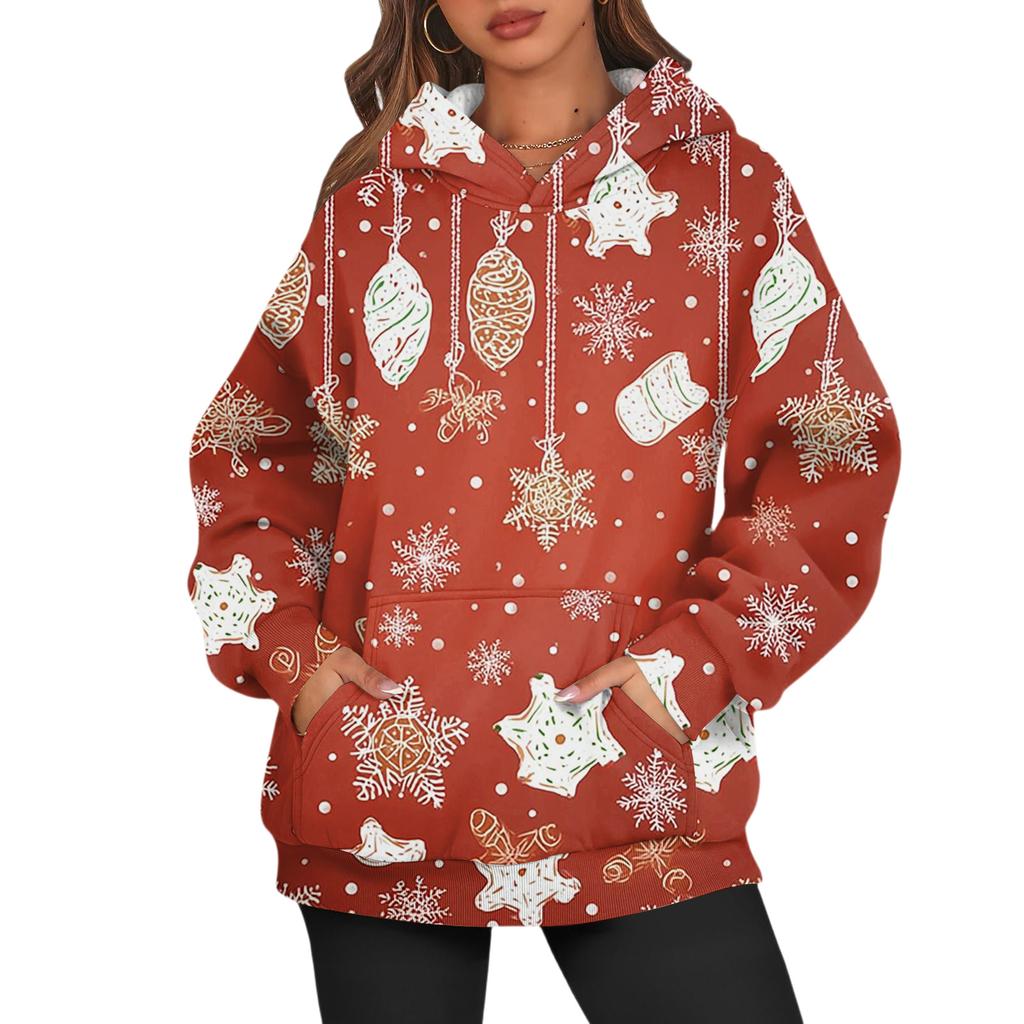 Women's Fashion Long Sleeve Hooded Christmas Printed Top Sweatshirt