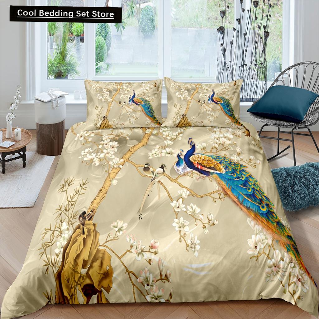 Pfau Bettbezug King Queen Größe Kolibri Libelle Bettwäscheset Blumen Vögel Bettdeckenbezug Floral Tiere Bettdeckenbezug