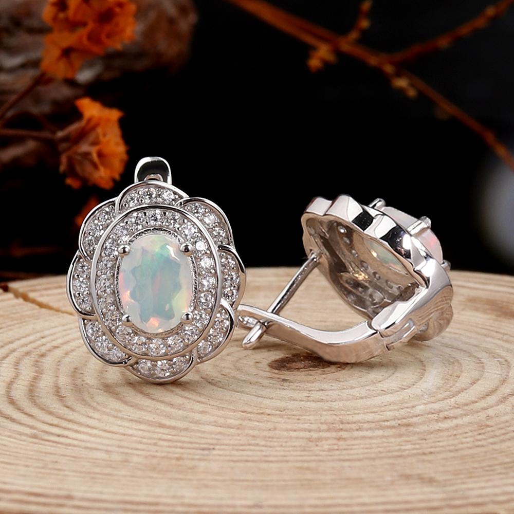 Light Luxury 925 Sterling Silver Clasp Earrings Natural Opal October Birthstone Fine Jewelry for Women's Banquet Festival Wear