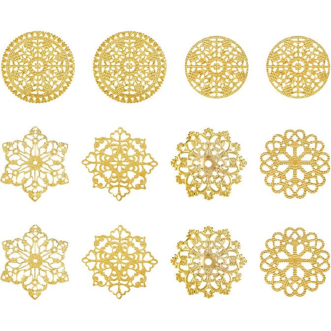 Cheriswelry 48pcs Flower Filigree Joiners Links Flower Golden Metal Dangle Charms Rack Plating Iron Etched Metal Embellishments 48~65mm for DIY Craft