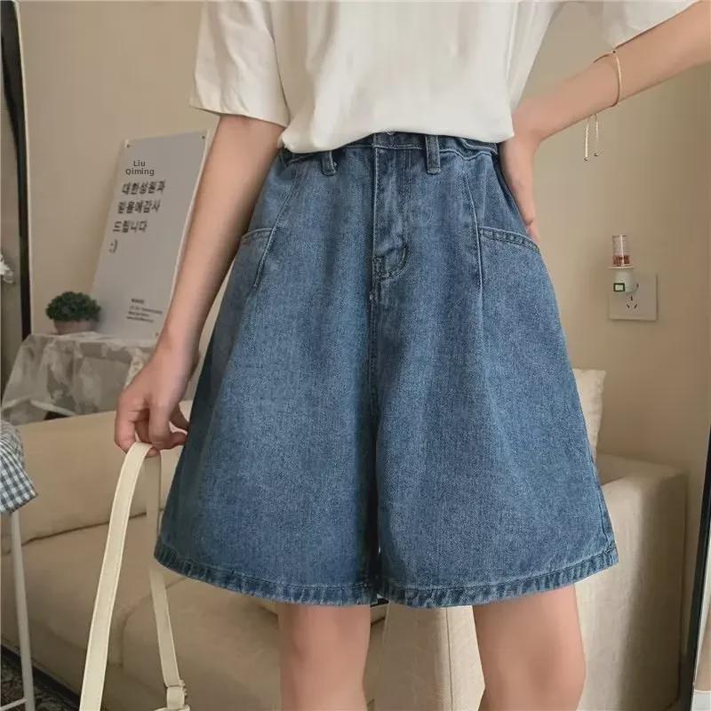 Letní dámské džínové šortky s vysokým pasem a volným střihem - Slim, široké nohavice, pětikapsový korejský styl