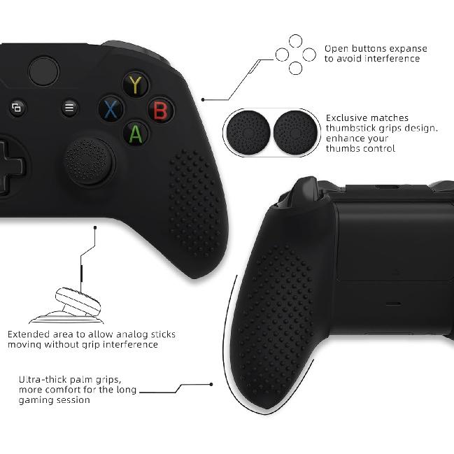 eXtremeRate PlayVital Soft Anti-Slip Silicone Controller Cover Skins Thumb Grips Caps Protective Case for Xbox One X S Controller - Black