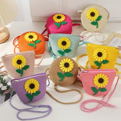 Cute Straw Crossbody Bag Flower Small Coin Purse Shoulder Bag Girls Kids