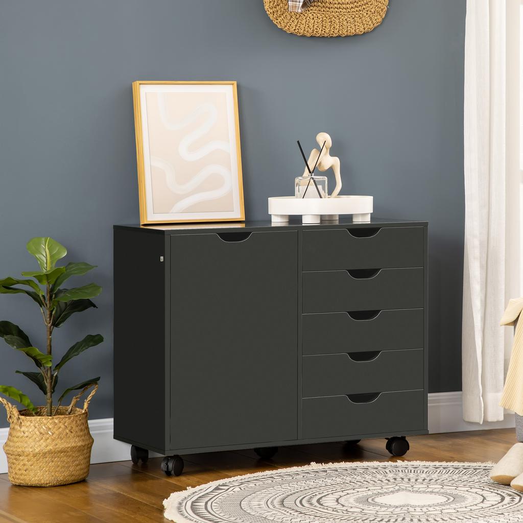 Office Cabinet With 5 Drawers 1 Door Adjustable Shelf Printer Stand On Wheels 78x40x66.5 Cm Black