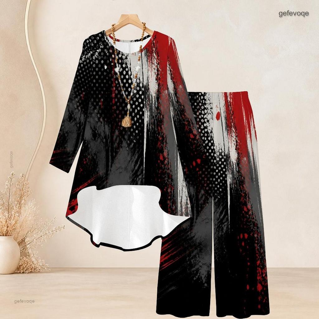 Women Plus Size Two Piece Set Round Neck Long Sleeve Printed High Low Top Wide Leg Pants Black Red White