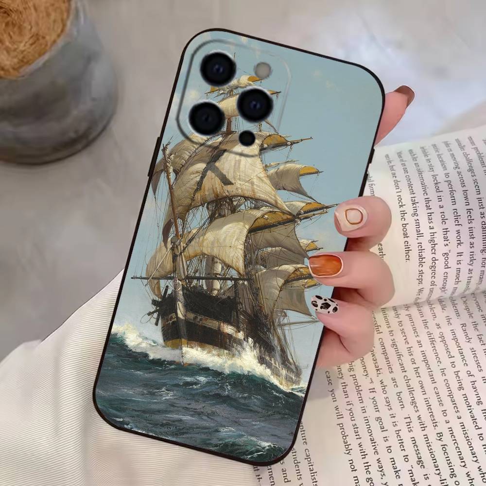Sailing Ship B-Boat Phone Case For iPhone 17,16,15,14,13,12,11 Plus,Pro Max,XS,Soft Silicone Black Cover iPhone13