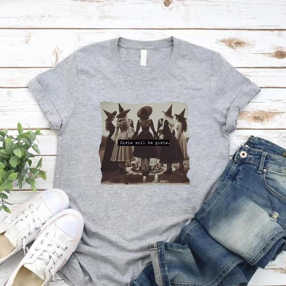 Vintage Girls Will Be Girls Witch T Shirt Funny Witch Tshirt Halloween Women Shirt Short Sleeve Streetwear Tee Witchy Vibes Top