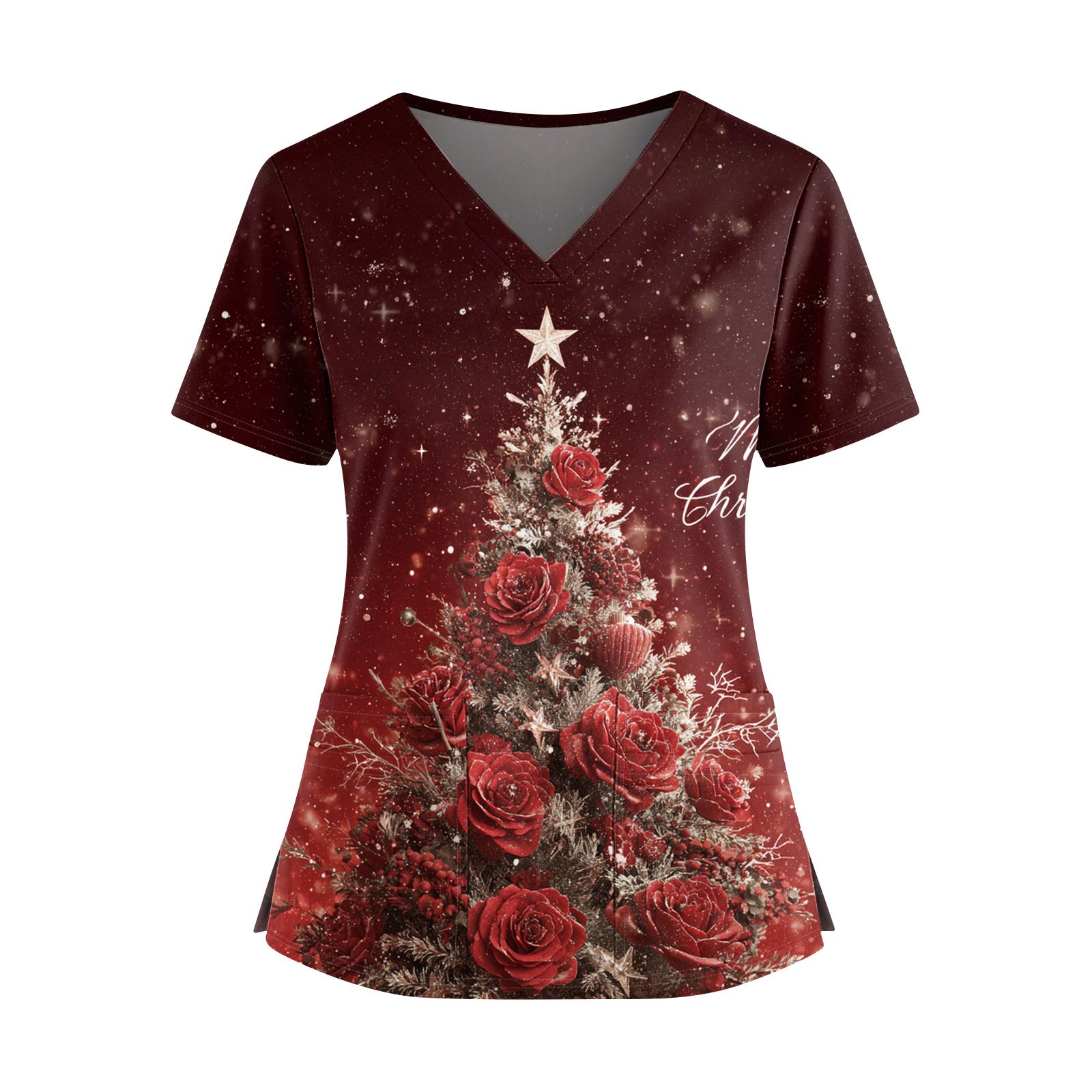 

Женский рождественский топ с принтом, V-образным вырезом, двумя карманами, короткими рукавами, разрезом по подолу, униформа для сиделки XXL красный