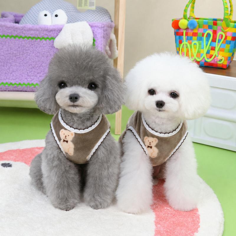 Pet Dog Fleece Vest With Cute Bear Print, Polyester Cotton Winter Sleeveless Coat For Small Dogs, Dark Coffee XS Puppy Daily Wear Outfit