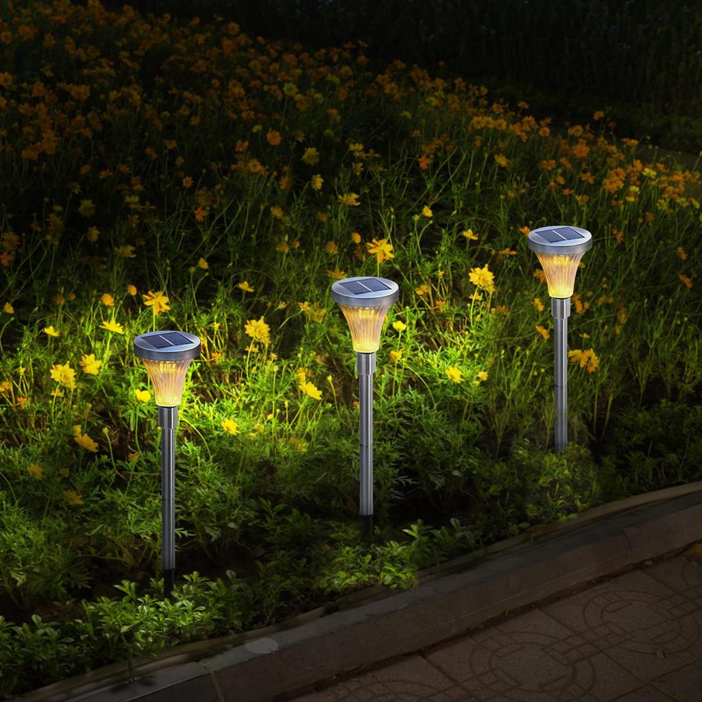 GWSOLAR [Set of 3 Solar Lights with Stainless Steel Pole] Light Color: Warm White, Slim Design, Modern and Stylish Light, In-Ground Insertion, Light