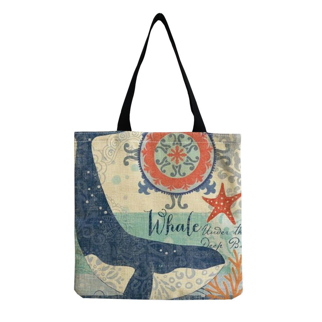Damen Vintage Leinen-Tragetasche - Große Kapazität mit Aufdruck Schulter-Handtasche für Freizeit & Lebensmitteleinkauf KTB